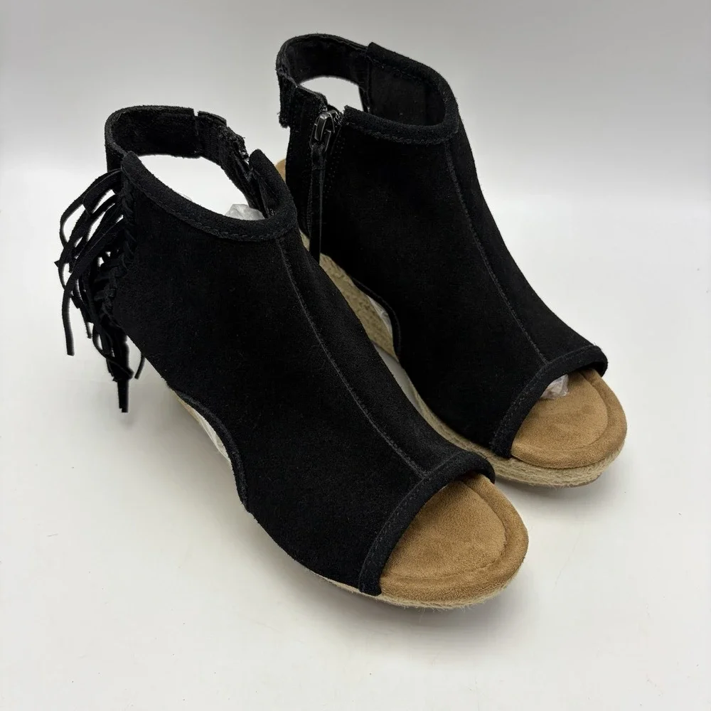 Wedge Espadrille Sandals Women 8 Blaire Black Suede Leather Fringe Festival Boho